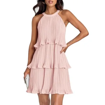 ZESICA Women's Summer Halter Dresses Sleeveless Ruffle Tiered Mini Dress