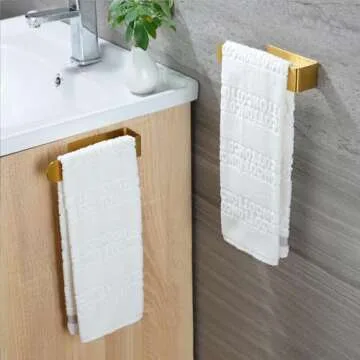 Taozun Adhesive Towel Rack/Hand Towel Holder, Gold Towel Holder for Bathroom Towel Bar Stick on Wall, Stainless Steel Brushed Towel Ring, 2 Packs