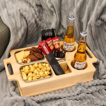 Couch Cup Holder, Rv Accessories, Wooden Couch Caddy with Stainless Steel Snack Fruit Tray for Bed C...