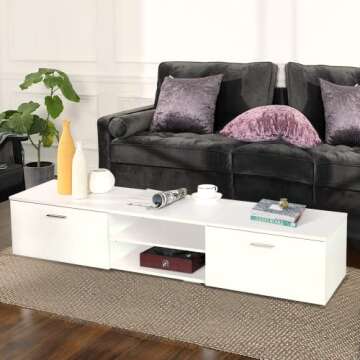 TUSY Modern TV Stand with Storage Cabinets, for 55/65/70 Inch TVs, Media Cabinet for Living Room Bedroom, TV Cabinet & Coffee Table for Home Decor, White …