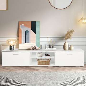TUSY Modern TV Stand with Storage Cabinets, for 55/65/70 Inch TVs, Media Cabinet for Living Room Bedroom, TV Cabinet & Coffee Table for Home Decor, White …