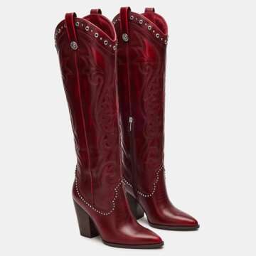 VOMIRA Knee High Cowboy Boots for Women Burgundy Boots Pointed Toe Chunky High Heels Pull-on Embroid...