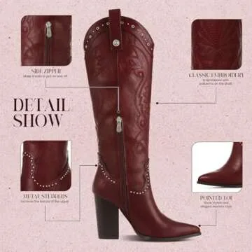 VOMIRA Burgundy Knee High Cowboy Boots for Women