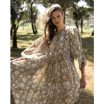 Casual Summer Dresses for Women - Swing Floral Half Open Collar Boho Puff Sleeve Loose Midi Beach Dress Olive