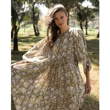 Casual Summer Dresses for Women - Swing Floral Half Open Collar Boho Puff Sleeve Loose Midi Beach Dress Olive