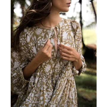 Casual Summer Dresses for Women - Swing Floral Half Open Collar Boho Puff Sleeve Loose Midi Beach Dress Olive