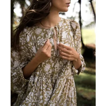 Casual Summer Dresses for Women - Swing Floral Half Open Collar Boho Puff Sleeve Loose Midi Beach Dress Olive