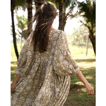 Casual Summer Dresses for Women - Swing Floral Half Open Collar Boho Puff Sleeve Loose Midi Beach Dress Olive