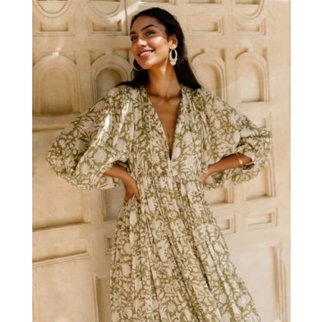 Casual Summer Dresses for Women - Swing Floral Half Open Collar Boho Puff Sleeve Loose Midi Beach Dress Olive