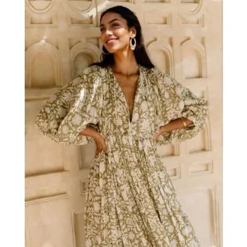 Casual Summer Dresses for Women - Swing Floral Half Open Collar Boho Puff Sleeve Loose Midi Beach Dress Olive