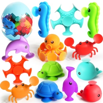 Suction Bath Toys for Kids - Fine Motor Window Toys, Silicone Ocean Animal Suction Cup Toys with Din...
