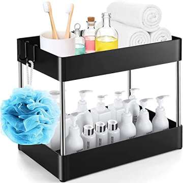 MXBOLD Under Sink Organizer, 2 Tier Bathroom Organizer with 4 Hooks, Multi-purpose Under Sink Storage, Countertop Storage Shelf Cosmetic Organizer Holder for Bathroom Kitchen, Black