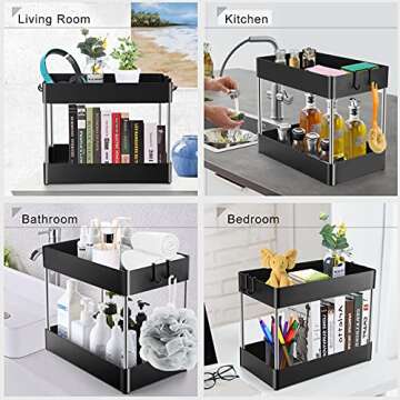 MXBOLD Under Sink Organizer, 2 Tier Bathroom Organizer with 4 Hooks, Multi-purpose Under Sink Storage, Countertop Storage Shelf Cosmetic Organizer Holder for Bathroom Kitchen, Black