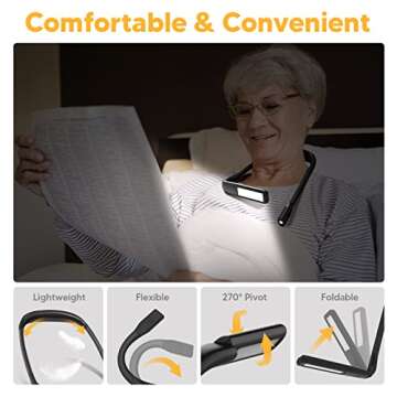 Neck Reading Light Book Lovers Gifts, Rechargeable 2000mAh 10-80Hrs Eye-friendly Wide Lamp Book Light, Birthday Christmas Stocking Stuffers for Men Women Readers, Camping Knitting Crochet Accessories