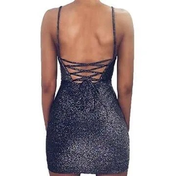 VANCOL Women's Sexy Glitter Spagetti Straps Lace Up Back Bandage Bodycon Mini Club Party Dress (S, B...