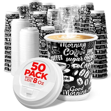 Shop Square 8 Oz Disposable Hot Coffee Cups With Lids - (50 Pack), Heavy Duty Insulated Hot Beverage...