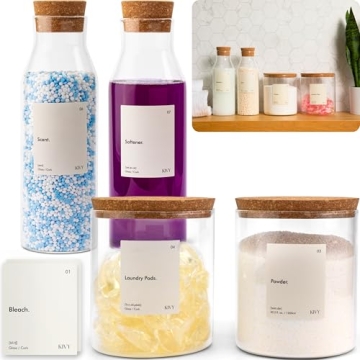 KIVY Glass Detergent Dispenser Container Set of 4 with Labels - Elegant and Functional Laundry Organ...