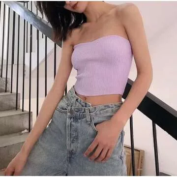 Kusogiay Womens Ribbed Knit Tube Tops 2023 Casual Bandeau Crop Top Sleeveless Tanks Camis (Small,Purple)