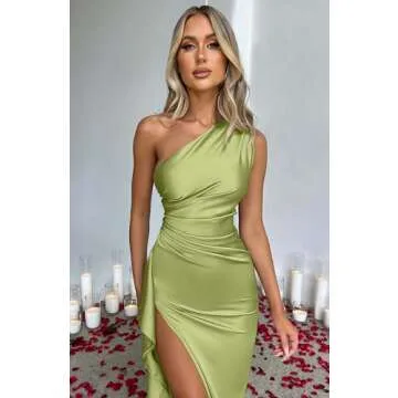 Memoriesea Women's Satin High Split Maxi Dress - Elegant Green