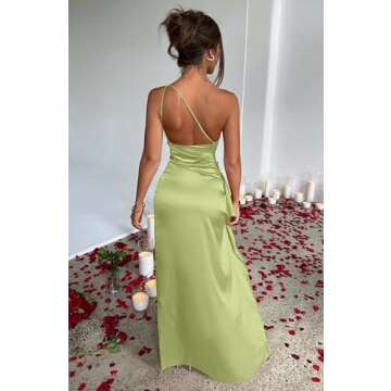Memoriesea Women's Satin High Split Maxi Dress - Elegant Green