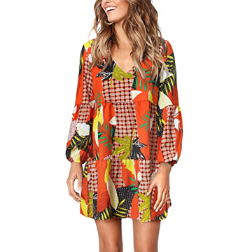 Amoretu Womens V Neck Dresses Casual Long Sleeve Swing Shift Dress, Spring, Summer, 2025 (Orange, S)