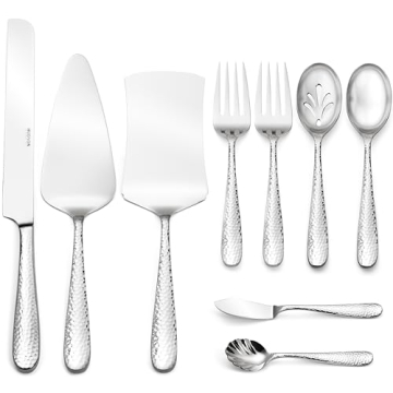 Hudson Essentials 9-Piece Bergamo Hammered 18/10 Stainless Steel Hostess Serving Utensil Set - Flatw...