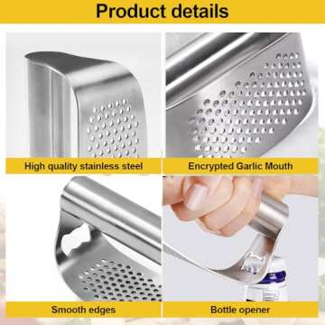 Garlic Press Garlic Presser, Stainless Steel Multifunctional Gadget with Peeler and Brush for Easy C...