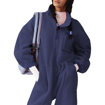Yousify Winter Jumpsuits for Women Warm Fleece Overalls Funnel Neck Collar Elasticated Waist Fuzzy Ski Suit with Pockets Navy Blue XL