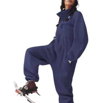 Yousify Winter Jumpsuits for Women Warm Fleece Overalls Funnel Neck Collar Elasticated Waist Fuzzy Ski Suit with Pockets Navy Blue XL