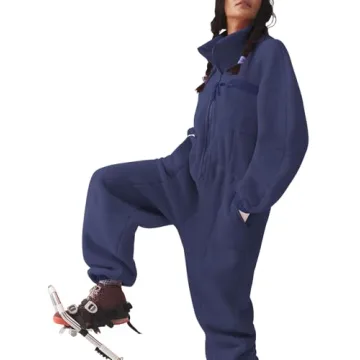 Yousify Winter Jumpsuits for Women Warm Fleece Overalls Funnel Neck Collar Elasticated Waist Fuzzy Ski Suit with Pockets Navy Blue XL