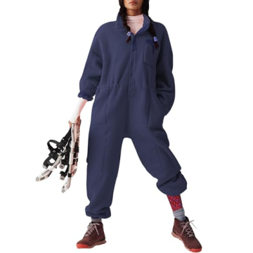 Yousify Winter Jumpsuits for Women Warm Fleece Overalls Funnel Neck Collar Elasticated Waist Fuzzy Ski Suit with Pockets Navy Blue XL