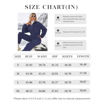 Yousify Winter Jumpsuits for Women Warm Fleece Overalls Funnel Neck Collar Elasticated Waist Fuzzy Ski Suit with Pockets Navy Blue XL