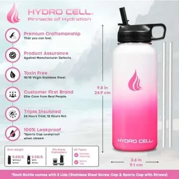 HYDRO CELL Stainless Steel Insulated Water Bottle with Straw - For Cold & Hot Drinks - Metal Vacuum Flask with Screw Cap and Modern Leakproof Sport Thermos for Kids & Adults (White/Pink 32oz)