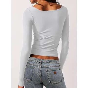 Abardsion 2 Piece Square Neck Tops for Women Slim Fit Double Layer Fall Long Sleeve Crop Top T Shirt...