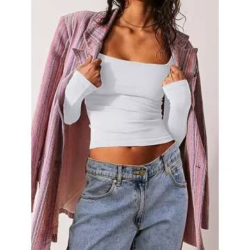 Abardsion 2 Piece Square Neck Tops for Women Slim Fit Double Layer Fall Long Sleeve Crop Top T Shirts(White/Black, M)