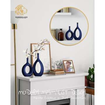 Matt blue ceramics vase, Thin stem vase for Home Decor, Set of 2 Elegant Decorative Vase for bookshelves, Side table, Mantel, Fireplace, Kitchen, Living Room Decoration