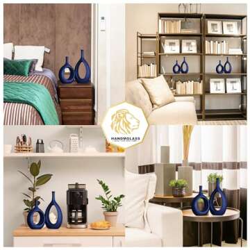 Matt blue ceramics vase, Thin stem vase for Home Decor, Set of 2 Elegant Decorative Vase for bookshelves, Side table, Mantel, Fireplace, Kitchen, Living Room Decoration