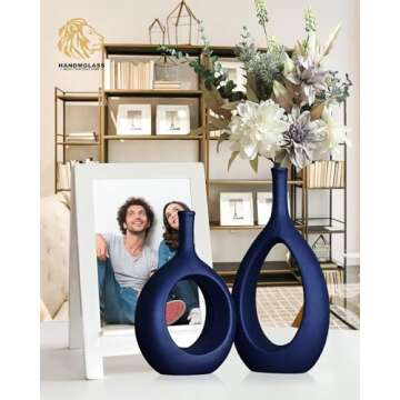 Matt blue ceramics vase, Thin stem vase for Home Decor, Set of 2 Elegant Decorative Vase for bookshelves, Side table, Mantel, Fireplace, Kitchen, Living Room Decoration