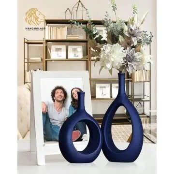 Matt blue ceramics vase, Thin stem vase for Home Decor, Set of 2 Elegant Decorative Vase for bookshelves, Side table, Mantel, Fireplace, Kitchen, Living Room Decoration