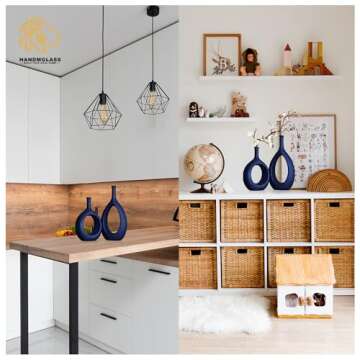 Matt blue ceramics vase, Thin stem vase for Home Decor, Set of 2 Elegant Decorative Vase for bookshelves, Side table, Mantel, Fireplace, Kitchen, Living Room Decoration