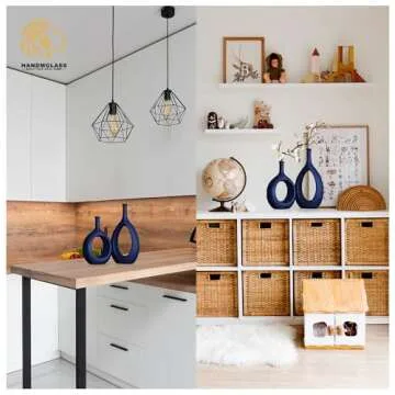 Matt blue ceramics vase, Thin stem vase for Home Decor, Set of 2 Elegant Decorative Vase for bookshelves, Side table, Mantel, Fireplace, Kitchen, Living Room Decoration