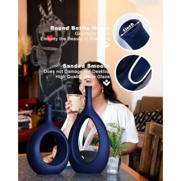 Matt blue ceramics vase, Thin stem vase for Home Decor, Set of 2 Elegant Decorative Vase for bookshelves, Side table, Mantel, Fireplace, Kitchen, Living Room Decoration