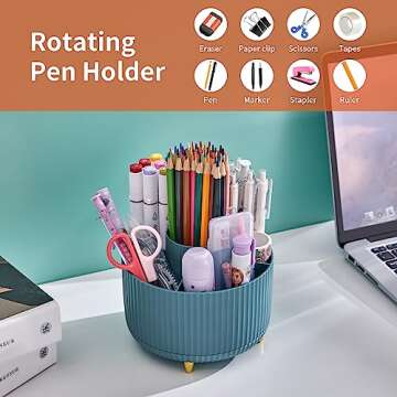 Marbrasse Desk Organizer, 360-Degree Rotating Pen Holder for Desk, Desk Organizers and Accessories with 5 Compartments Pencil Organizer, Art Supply Storage Box Caddy for Office, Home （Dark Green）