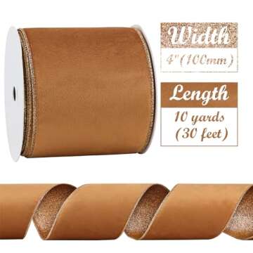 HUIHUANG Velvet Wired Ribbon 4 inch Copper Christmas Tree Ribbon Double-Sided Glitter Copper Wire Ri...