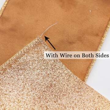 HUIHUANG Velvet Wired Ribbon 4 inch Copper Christmas Tree Ribbon Double-Sided Glitter Copper Wire Ribbon for Christmas Tree, Wreaths, Tree Top Bows, Garland, Home Decor-10 Yards