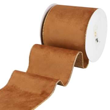 HUIHUANG Velvet Wired Ribbon 4 inch Copper Christmas Tree Ribbon Double-Sided Glitter Copper Wire Ribbon for Christmas Tree, Wreaths, Tree Top Bows, Garland, Home Decor-10 Yards