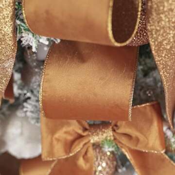 HUIHUANG Velvet Wired Ribbon 4 inch Copper Christmas Tree Ribbon Double-Sided Glitter Copper Wire Ribbon for Christmas Tree, Wreaths, Tree Top Bows, Garland, Home Decor-10 Yards