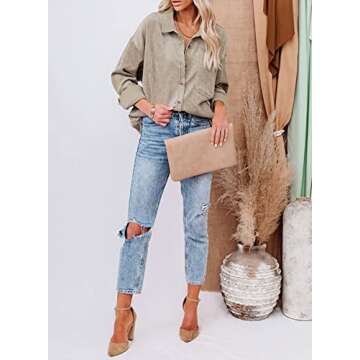 Sidefeel Women Corduroy Long Sleeve Button Down Shirt Oversized Jacket Tops Medium Light Brown