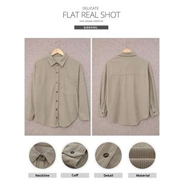 Sidefeel Women Corduroy Long Sleeve Button Down Shirt Oversized Jacket Tops Medium Light Brown