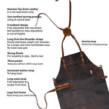 Theodore Top Grain Brown Leather Apron - 32.5” H x 24.5” W - Adjustable Crossback Leather Straps - Aprons for Men With 2 Large Pockets and Towel Strap